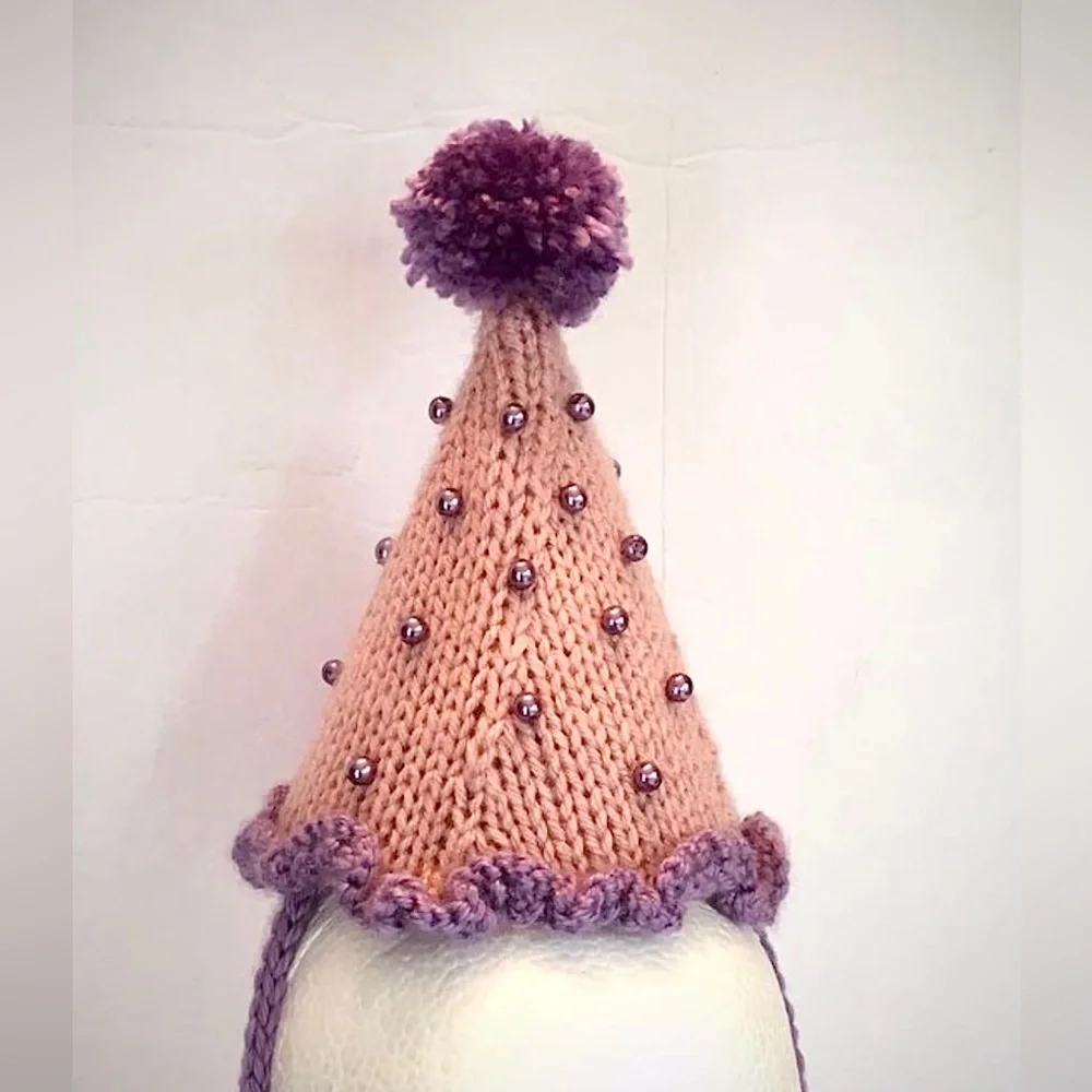 NWT Hand Knit Pink and Purple Party Hat with Faux Pearls One Size Fits Most